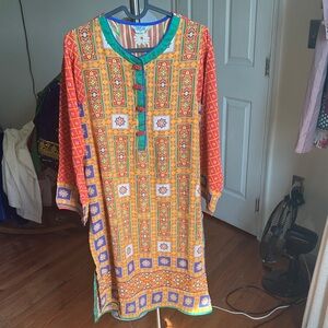 Colorful Printed Ethnic Tunic Dress - Yellow/Orange